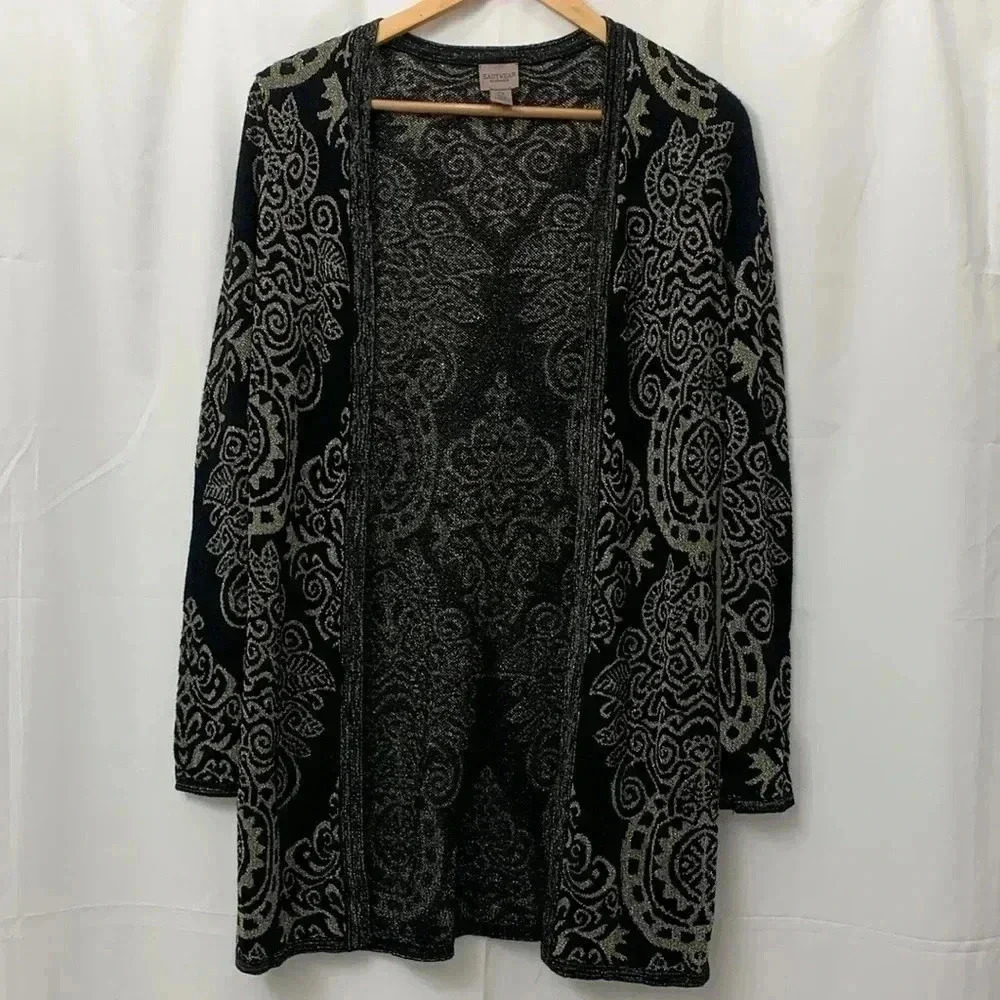 Women’s EasyWear By Chico’s Open Front Cardigan Black&Gold Size 0 (Small-4) EUC